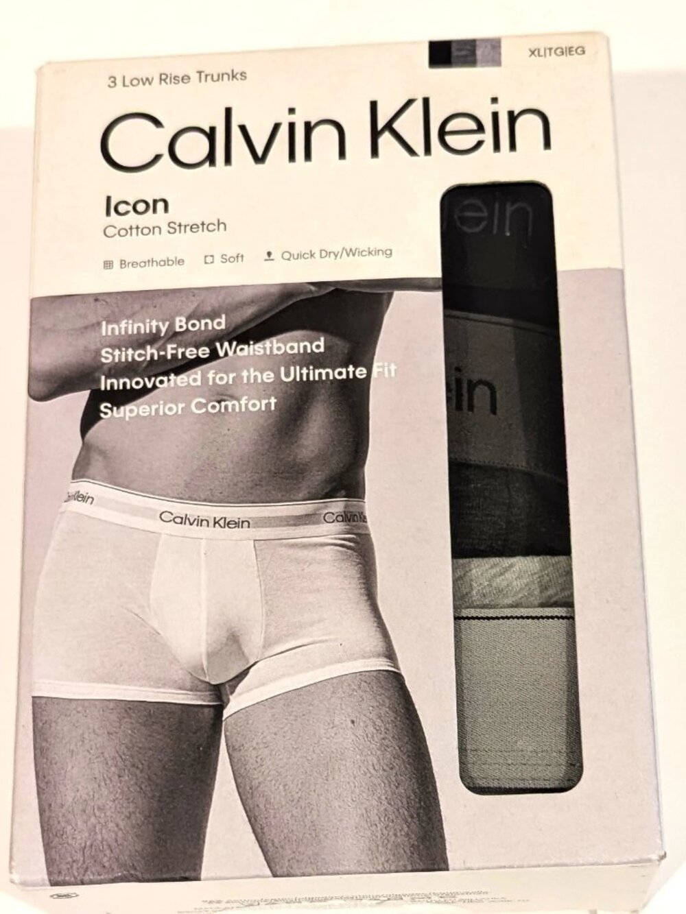 Calvin Klein Mens XL Icon Cotton Stretch Low Rise Trunks 3 Pack Black Grey NIB